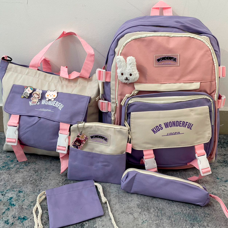 Kit Combo Mochila Escolar Kawaii 5Piezas