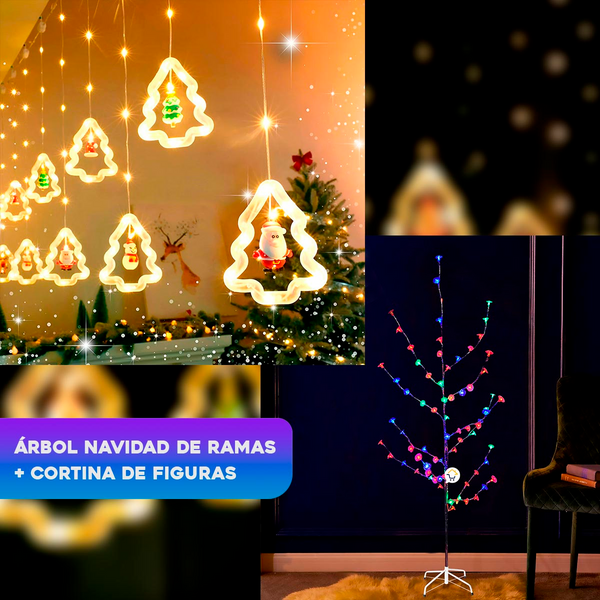 Árbol De Ramas + Cortina Figuras Navidad